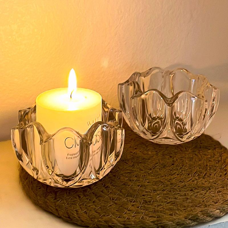 French Flower Mouth Crystal Glass Candle Holder, Transparent Candle Holder, Romantic Decoration, Household Candle Container