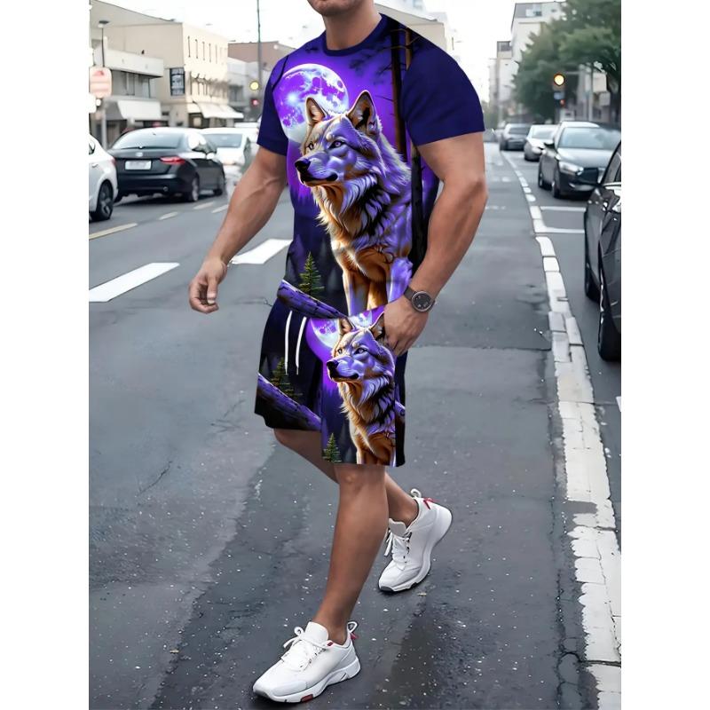 Men s Summer Wolf Print Set: Purple Tee with Moon & Animal Graphic & Matching Shorts. Loose Fit Big Size for Street Style S фиолетовый