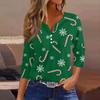Women's Fashionable Casual Christmas Printed V-neck Three-quarter Sleeve Decorated Button Top
