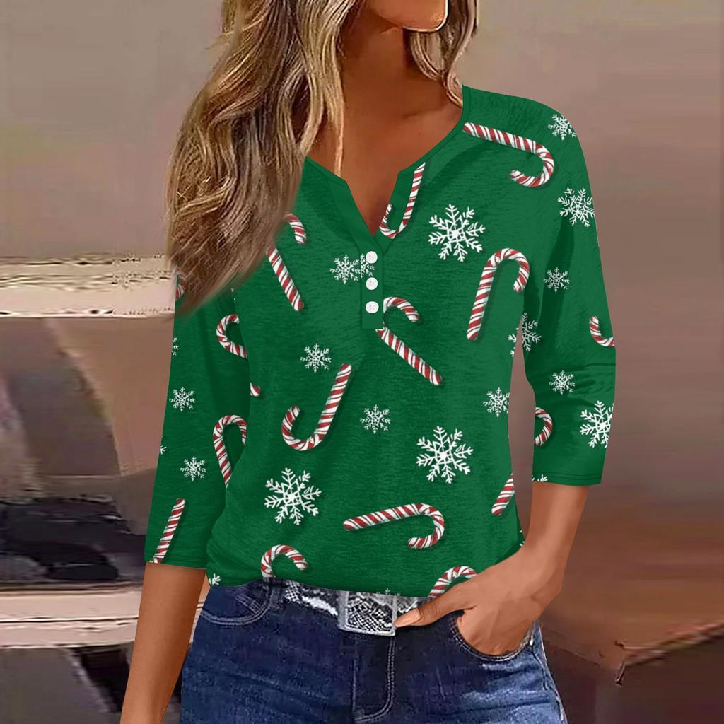 Women's Fashionable Casual Christmas Printed V-neck Three-quarter Sleeve Decorated Button Top