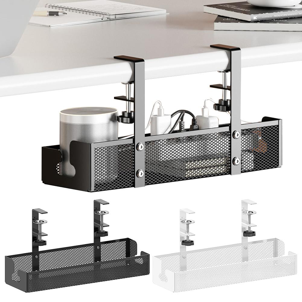 Under Desk Clamp Mounted Cord Organizer No Drill Wire Management Holder Mesh Cable Basket for Managing Cables Power Strips