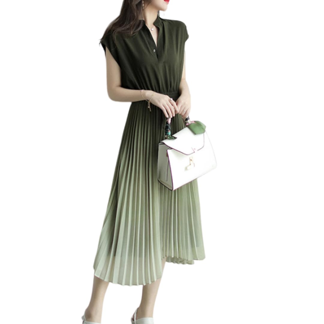 

Pleated Dress with French Summer Basic Relaxed Perfect for Date Feminine Refreshing Party Maxi Casual Gradient Cami Easy to Full Business Maternity зелёный