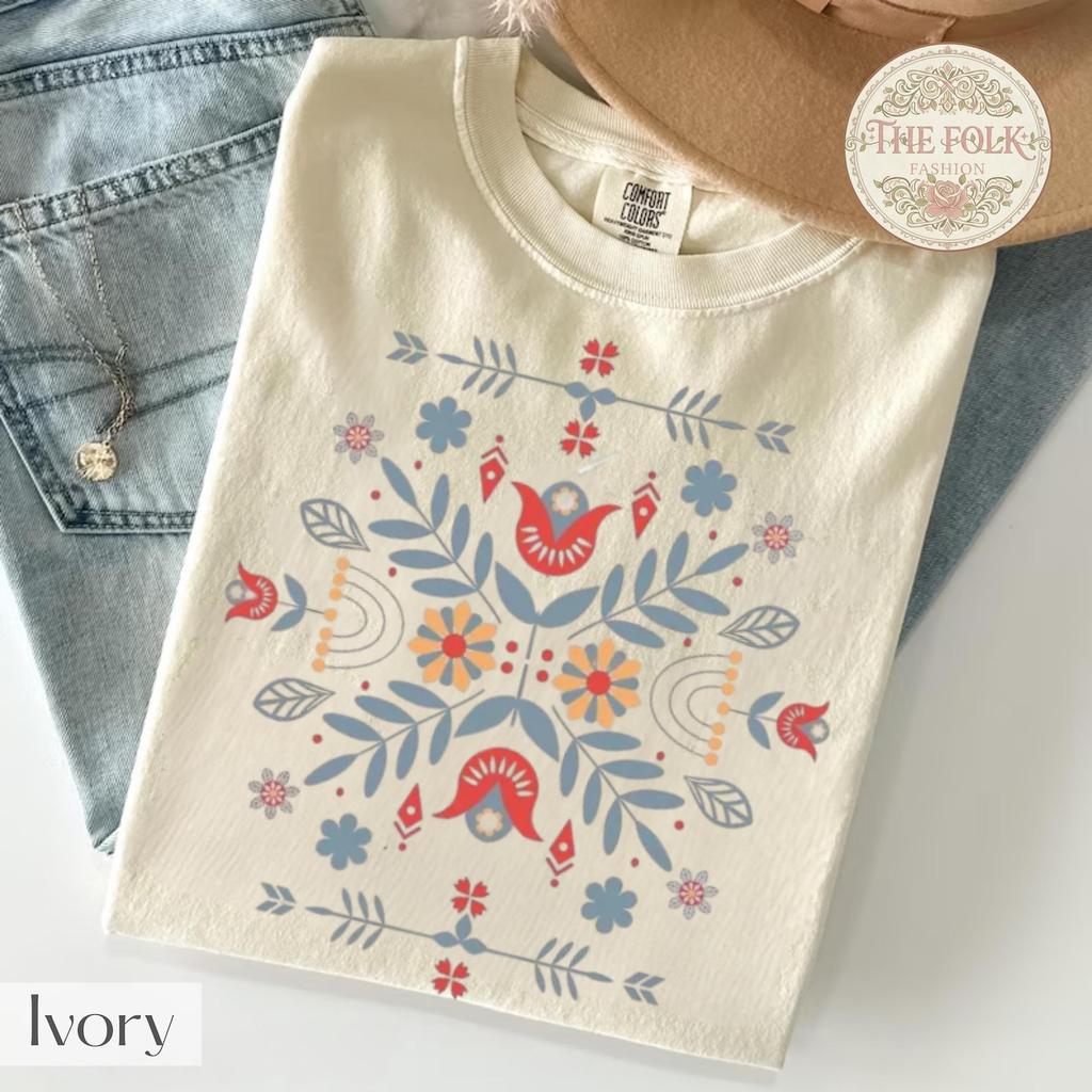 Scandinavian Folk Art Shirt, Nordic Flower Graphic Tee, Aesthetic Symmetrical Floral Tshirt, Comfort Colors Nordic Gift, Boho Botanical Top