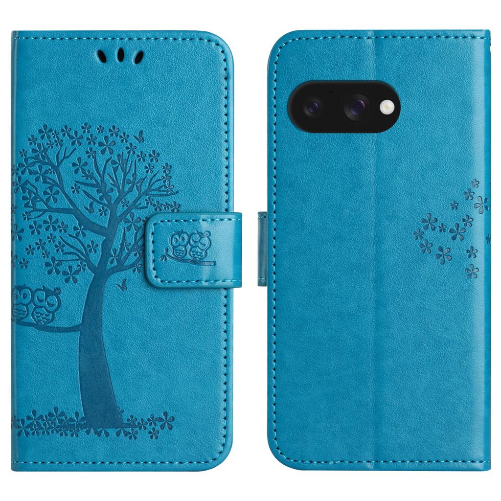 For Google Pixel 9a Case PU Leather Owl Tree Imprinted Wallet Phone Cover
