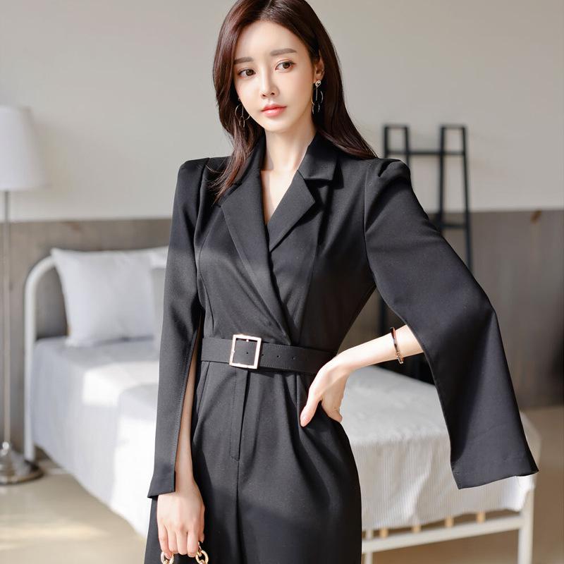 

Spring 2026 Korean Style Women s Slimming Jumpsuit with Suit Collar and Waist-Hugging Long Pants S чёрный