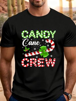 Candy Cane Crew Christmas Pajamas Black Short Sleeve TShirt with Candy Cane Holly Leaf Print Soft Breathable Sleepwear F