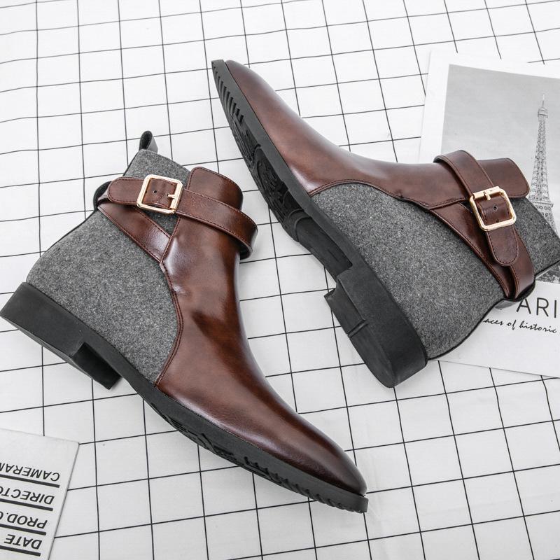 Men's Large Size Autumn-Winter Patchwork Leather Ankle Boots - European American Fashion Slip-On, British Business Formal Style, Size 48