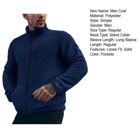 Winter Thickened Plush Jacket Men Stand Collar Long Sleeve Solid Color Coat with Pockets Zipper Closure Outwear