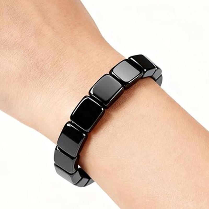 Elastic Hematite Bead Bracelet Square Pattern Natural Black Stone Wristband Comfortable Unisex Wear Daily Accessory