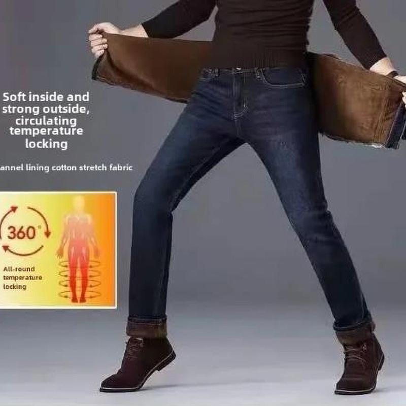 Herr Höst Vinter Jeans Fleecefodrade Förtjockade Raka Ben Lös Passform Kalla Utomhuskläder