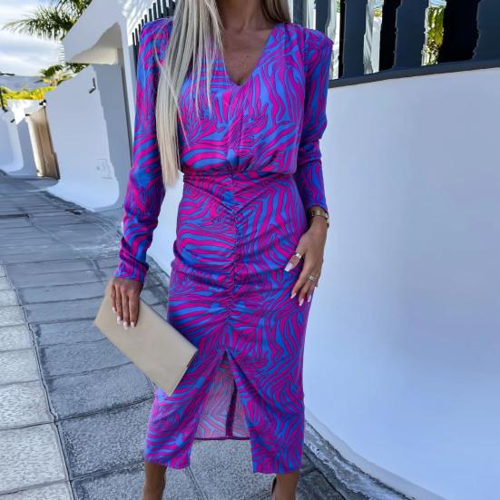 

Женское вечернее платье с v-образным вырезом и длинными рукавами, полосатый принт, высокая талия, разрез спереди, офисное женское платье миди, рабочая одежда