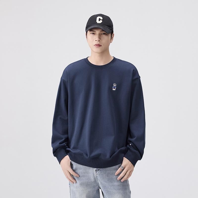 Men's Trendy Embroidered Round Neck Hoodie - Casual Loose Fit Winter Top