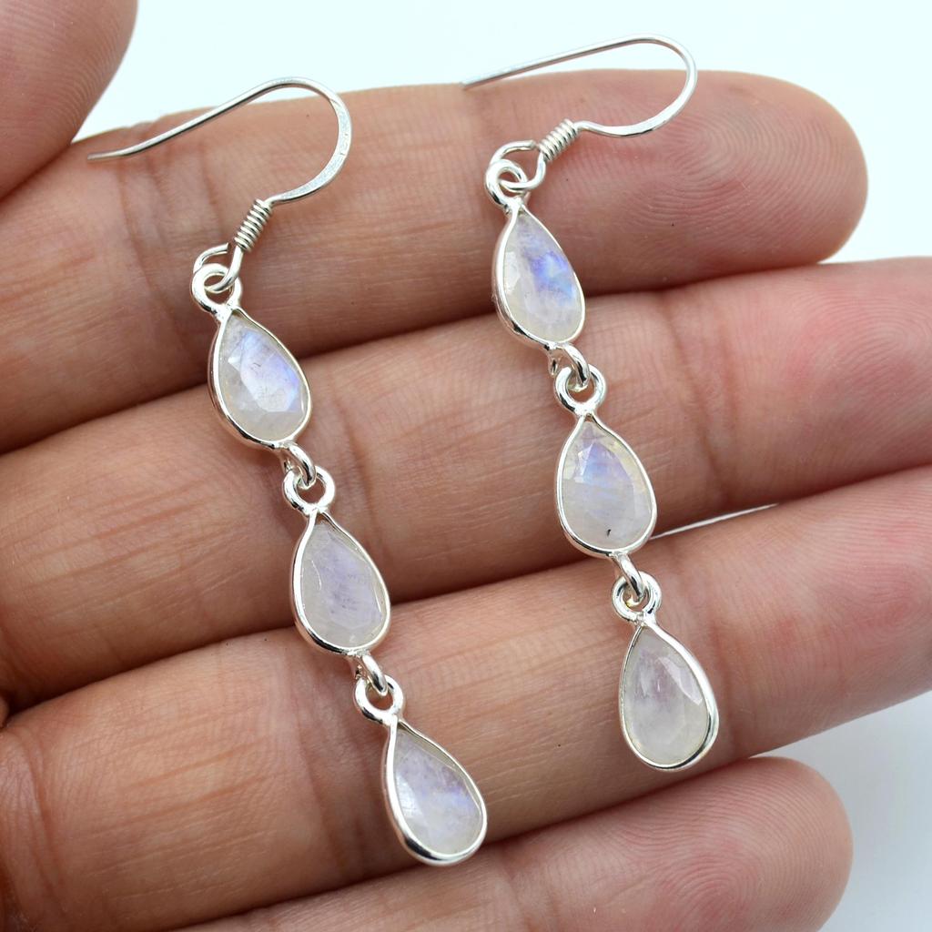 Natürlicher Mondstein handgefertigter Ohrring 925 Sterling Silber Schmuck Damen Ohrhänger
