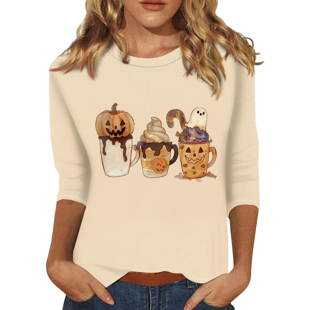 Women's Fashion Casual Three-quarter Sleeve Halloween Printed Round Neck Top