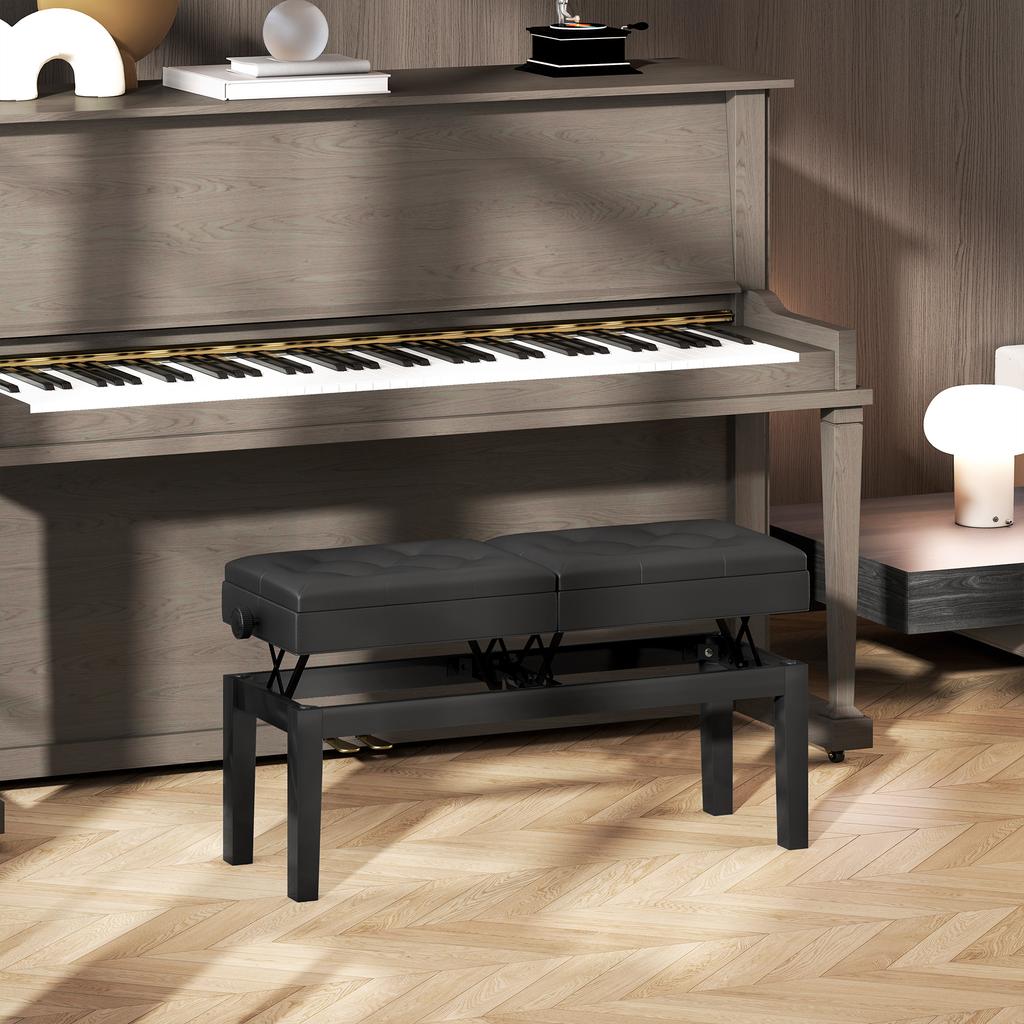 Piano Bench, Piano Stool, Faux Leather, Adjustable Double Seat, Storage, Black