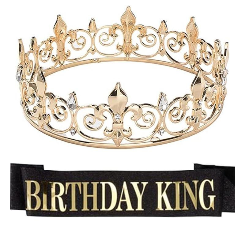 

Birthday Royal Crown with Sash for Men Birthday King Rhinestones Crown Shoulder Wrap Set Birthday Party Props Supply 1 золотий
