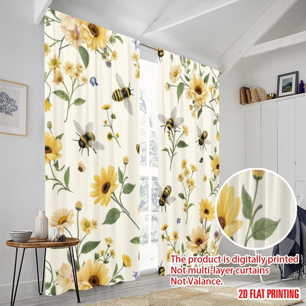 2pcs,2D plane printing Curtains Digital Printed Bee Blossom Dance Polyester Fabric (without rod) Festive for Bedroom Living Room