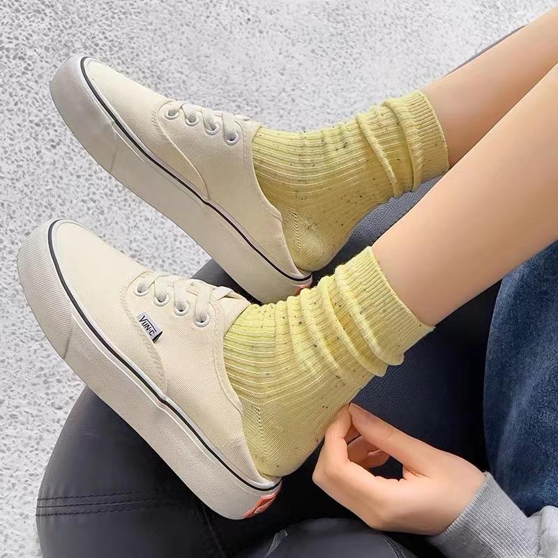 Female Spring and Autumn Pure Color Double Needle Point Yarn All Over The Sky In The Tube Pile Socks