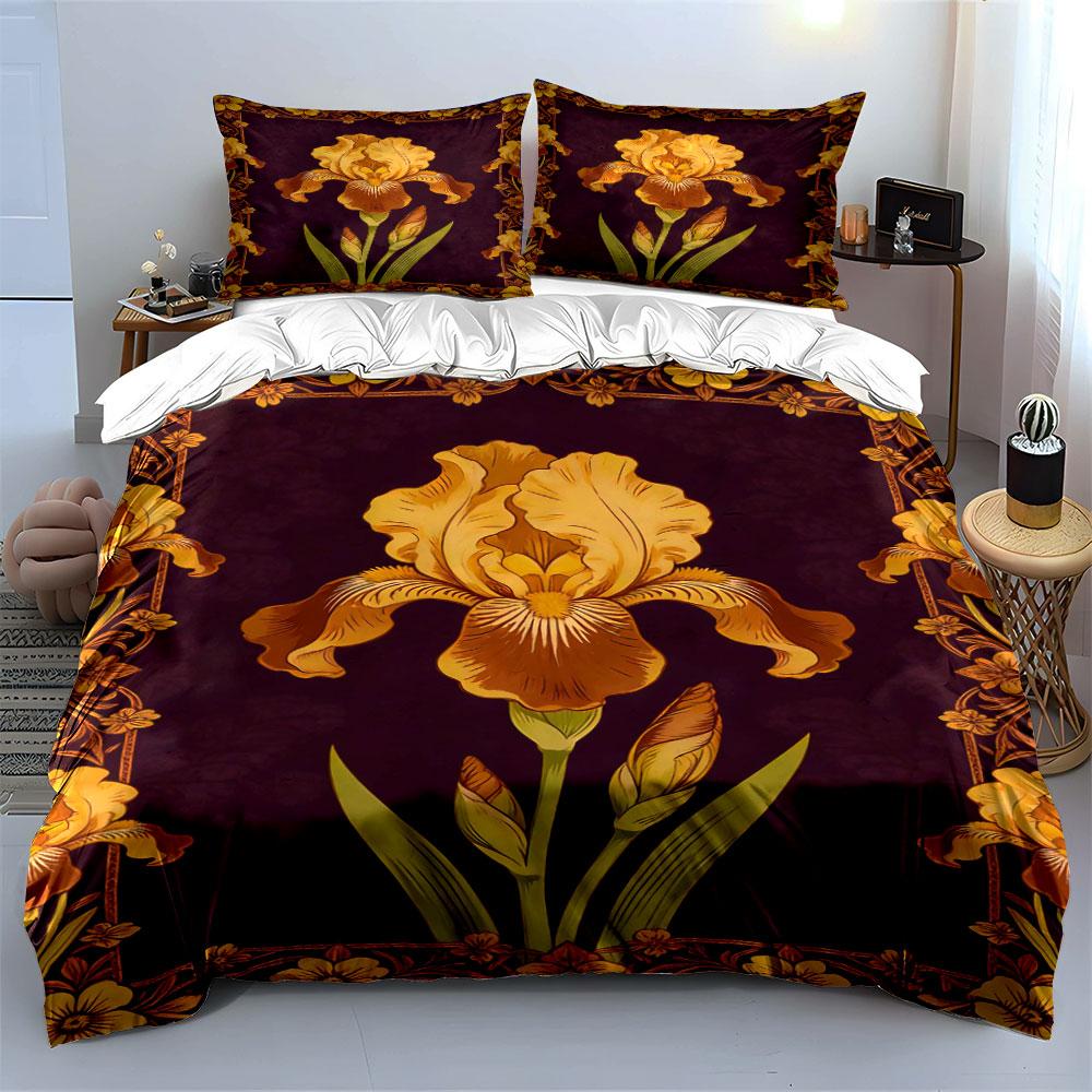 Golden iris flower pattern. Bedding sets Duvet cover sets Duvet covers Pillowcases(1* Duvet Cover 2* Pillowcases without duvet insert)