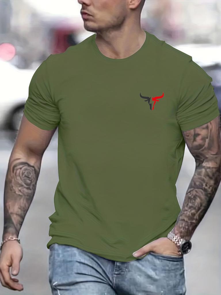 Summer Men's 100% Cotton Casual Loose Size Bull Print Round Neck Short Sleeve T-shirt Top men's street clothing button up pullov