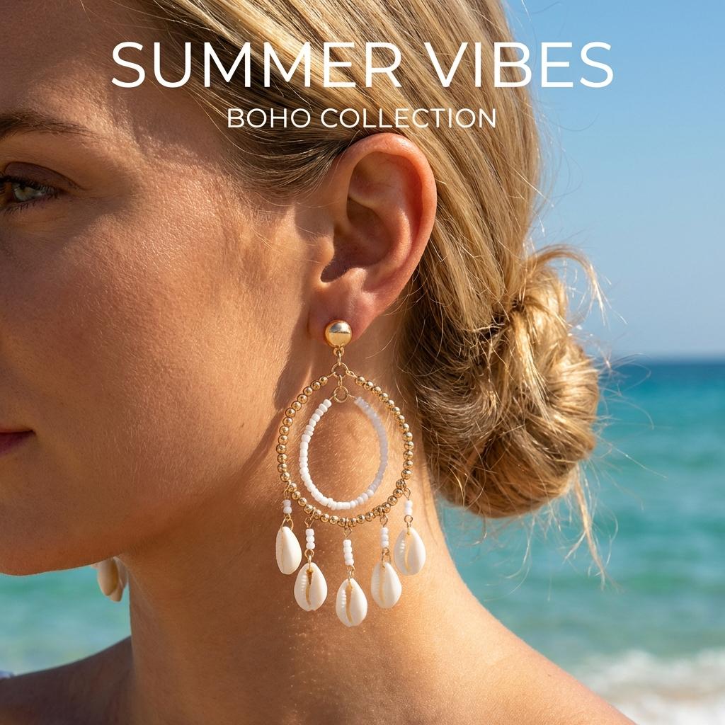 Boho Cowrie Shell Drop Earrings for Women Gold Color Beaded Hoop Tassel Dangle Earring Summer Beach Vacation Jewelry Accessories