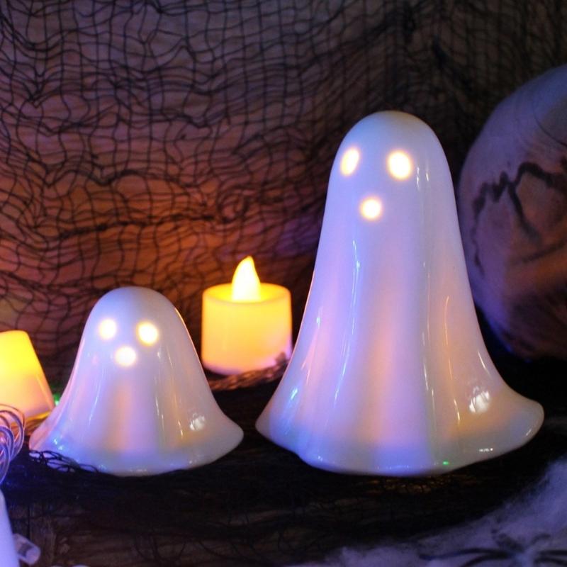 2Pcs LED Lighted Ceramics Specters Ghostly Figurine Sculpture Creative Table Centerpieces Glowing Lamp Halloween Decors