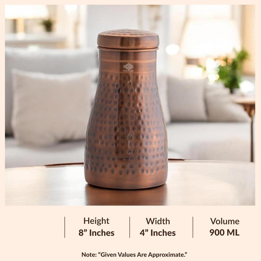 Pure Copper Bedroom Water Bottle with Inbuilt Glass, Hammered Antique Design - Drinkware & Storage Purpose, Volume 900 Ml (Pack of 2)