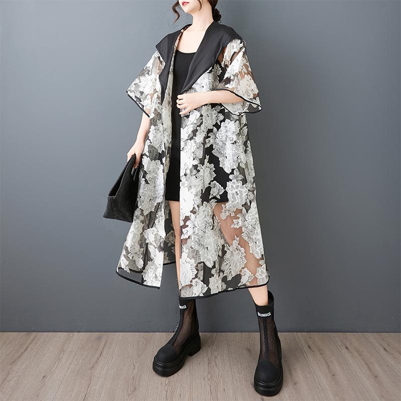 Short Sleeve Plus Size Mesh Vintage Floral Hooded Casual Loose Long Summer Trench Coat for Women Outerwear