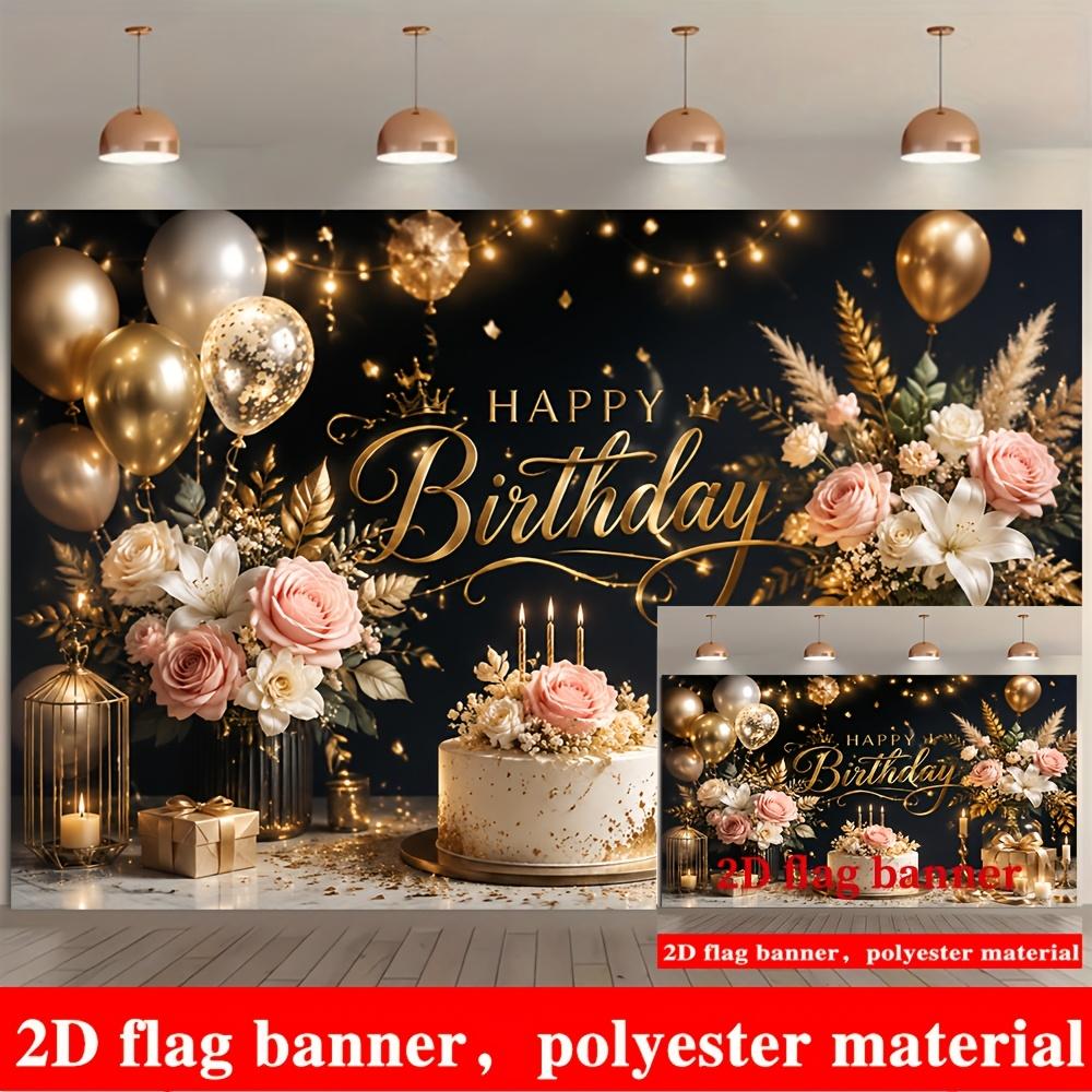 Black Gold Happy Birthday Backdrop Balloons Roses Cake Gift Boxes Polyester