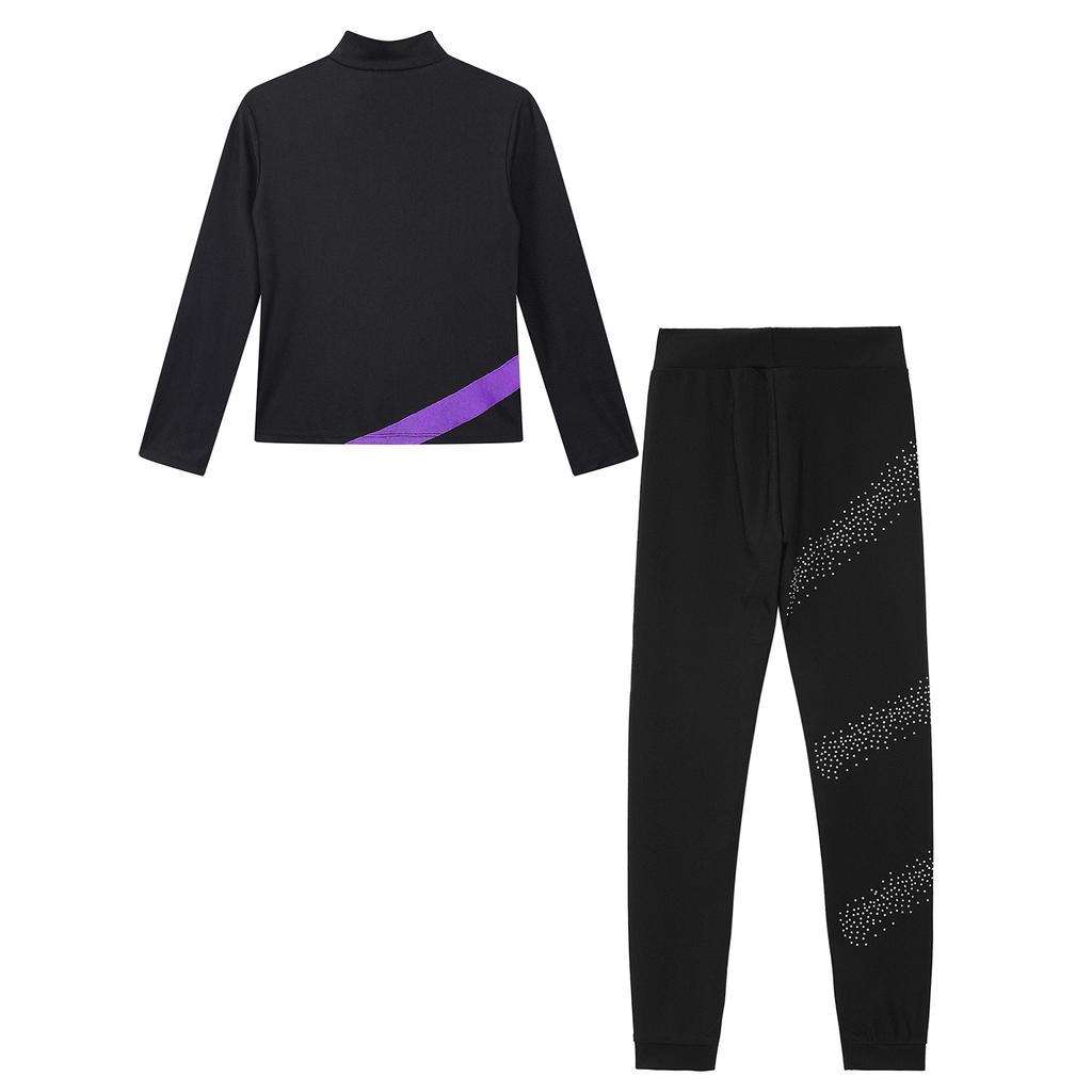 Girls Figure Skating Set Shiny Star Sports Top Contrast Color Long Sleeve Stand Collar Zipper Sweatshirt