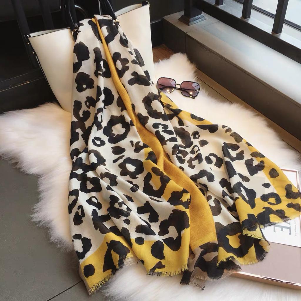 Luxury Brand Yellow Leopard Dot Fringe Viscose Shawl Scarf Lady High Quality Head Wrap Pashmina Stole Muslim Hijab 180*90Cm