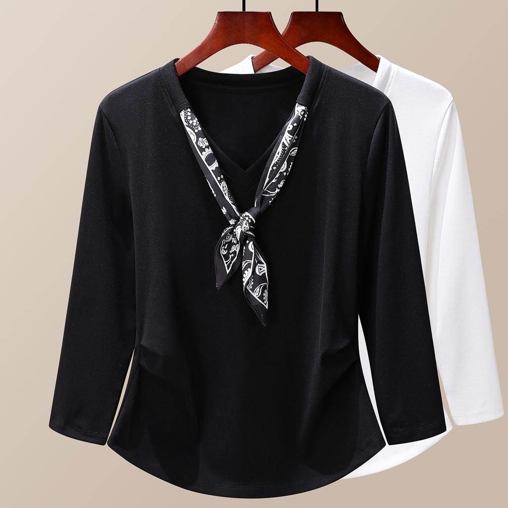 Ribbon Design Split-sleeved Women's Early Autumn New Wrinkled and Thin Versatile Niche Bottoming Shirt Top