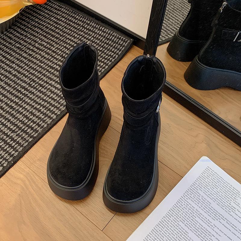 Fashion Retro Thick Bottom Heightening Boots Women's Shoes Autumn New Versatile Suede Solid High Heels Goth Chelsea Botas Ladies Shoes