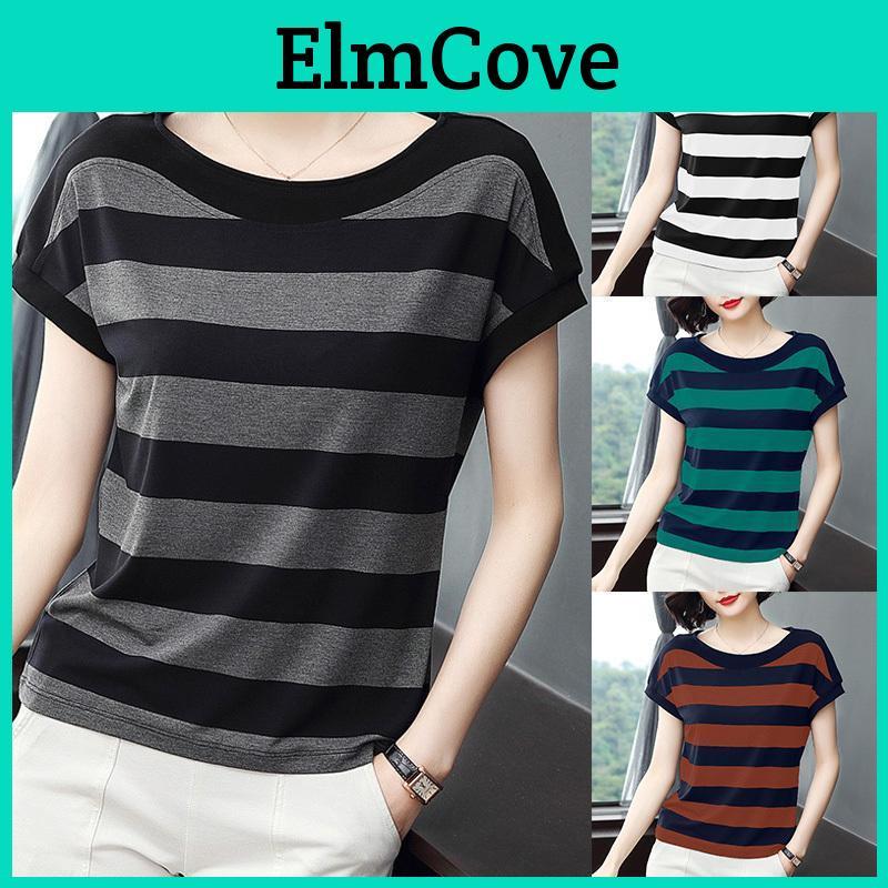 Loose Women Summer Shirt T Stripes Printing Round Collar Short Sleeve Tops