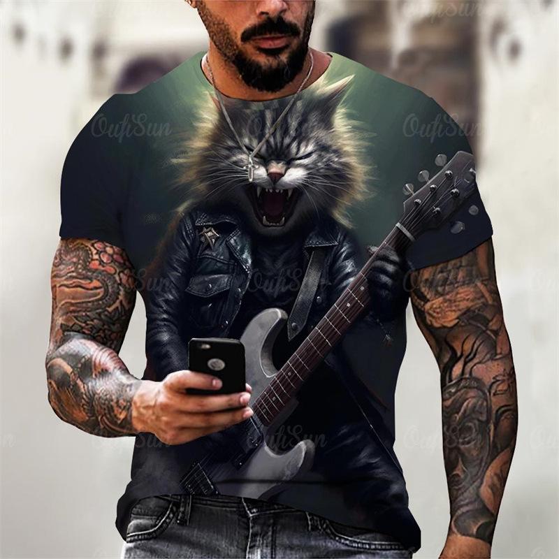 Rock Guitar Cat Graphic T-shirt Summer Fashion Short Sleeve Cool 3D Animal Printing Men's T-shirt Casual Street Shirt