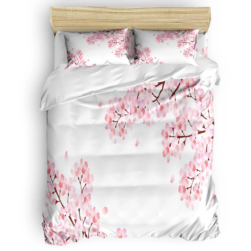 Set husă de plapumă roz pal, Ramură de Sakura cu flori de cireș Primăvară japoneză delicată, Set de lenjerie de pat decorativ din 3 piese, Mărime king