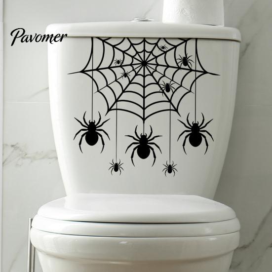 Indoor Party Atmosphere Props Halloween Spider Web Toilet Seat Sticker, Self-Adhesive Black Spiders Lid Moisture Proof Ceramic Tile Decals Decal,