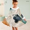 Girls High Neck Long Sleeve Printed Dress Furry Trim Bow A Line Flared Hem
