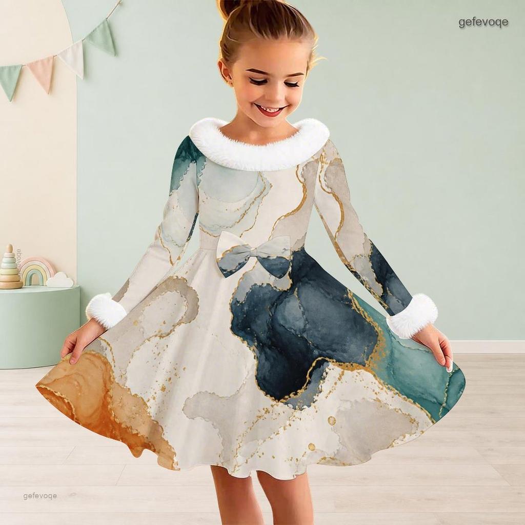 Girls High Neck Long Sleeve Printed Dress Furry Trim Bow A Line Flared Hem