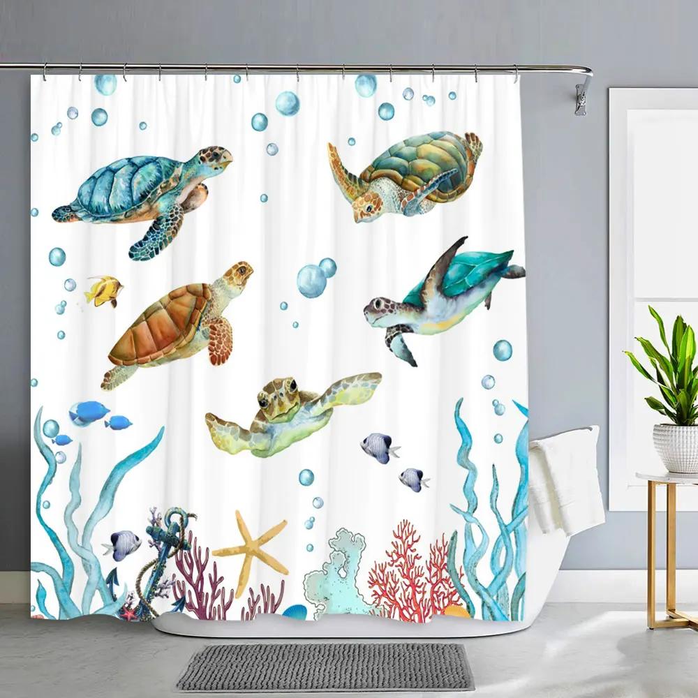 Ocean Animals Bathroom Curtains Watercolour Octopus Jellyfish Turtle Polyester Fabric Washable Shower Curtains Bathroom Decor