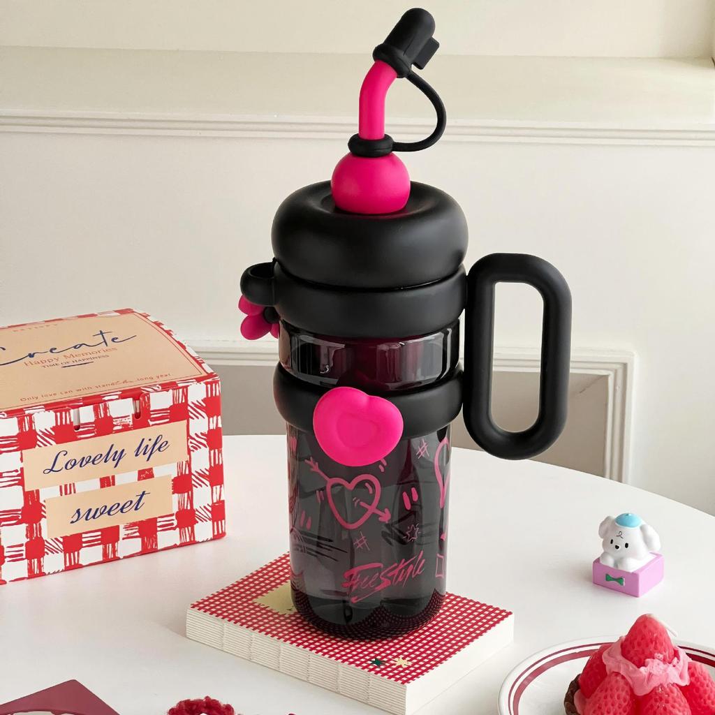 

Tritan Large Capacity Cartoon Mug With Straw For Home Office Use Graffiti Black