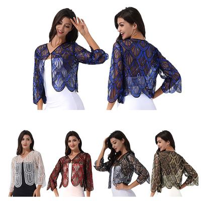 Damen Hollow Lace Cardigan Leicht Langärmlig Pailletten Bolero Schulterjacke Locker Lässiger Schal Oberteile