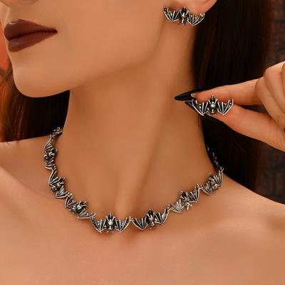 Halloween Gothic Dark Series Horror Bat Short Necklace and Earring Set for Women, Perfect for Parties, Outings, and Unique Gifts