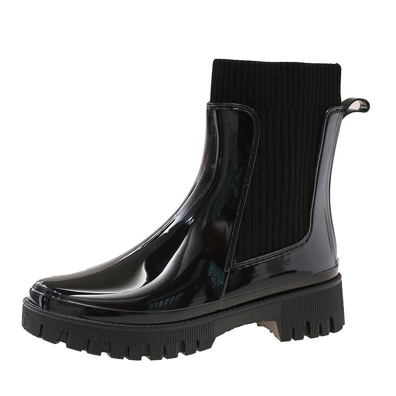 Korean Style Women s Chelsea Flyknit Rain Boots, Thick Sole, Fashionable & Waterproof 36 чёрный