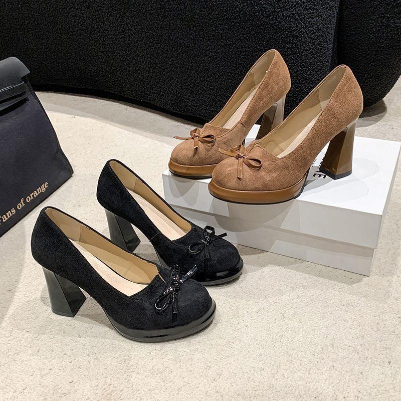 10Cm high heels women's round head single shoes 2025 spring new fashion bow thick heel waterproof table temperament advanced sense