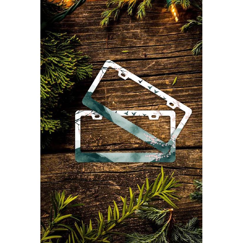 Mounta Cherry Blossom License Plate Frames - 2 Pcs Set 2 Holes Stainless Steel Metal Auto Car Accessories Decoration License Plate Frame Cover Size