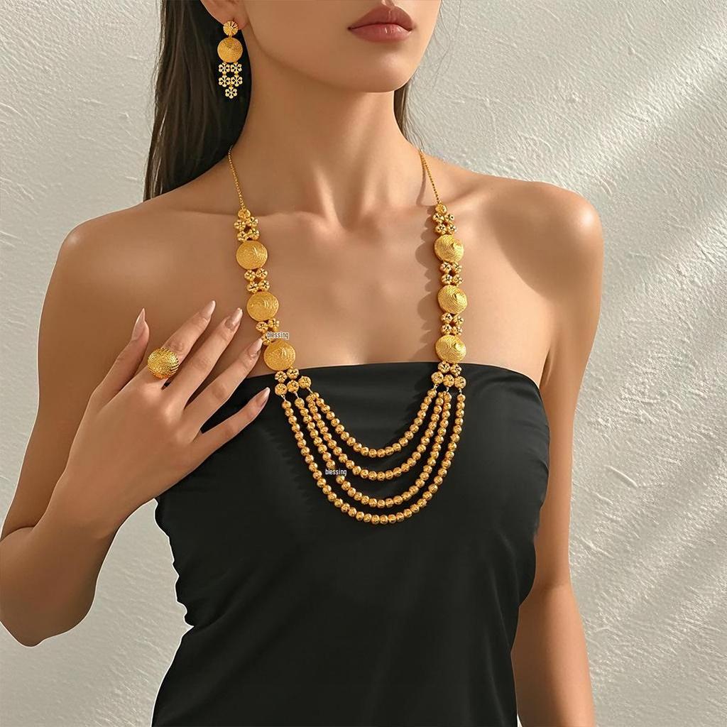 24k Vergoldetes Nahöstliches Brautschmuckset: Halskette, Ohrringe & Ring