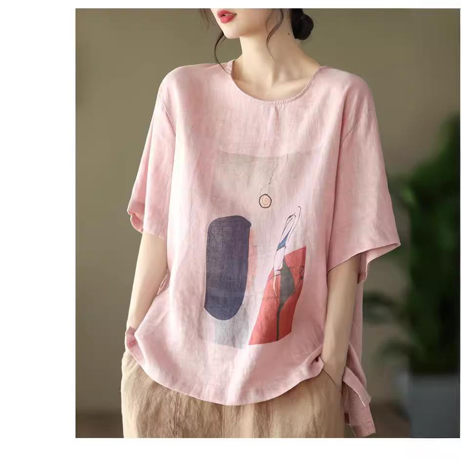 Neues Sommer Retro Literarisches Bedrucktes Baumwoll- und Leinenoberteil für Damen Lockerer Rundhals Kurzarm T-Shirt Vielseitiges Pullover-T-Shirt