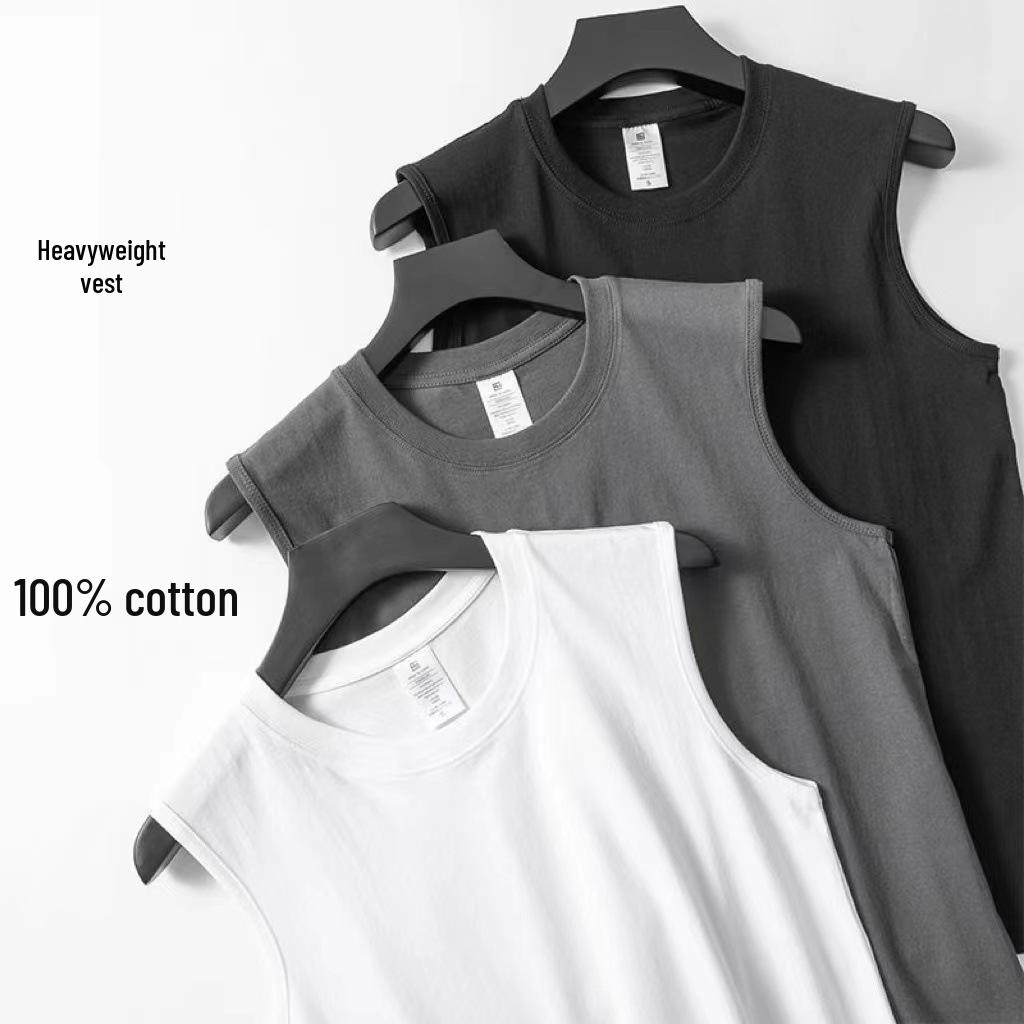 Men's White 230g Pure Cotton Summer Tank Top - Loose Fit, Crew Neck, Sleeveless Vest, Wide Shoulder.