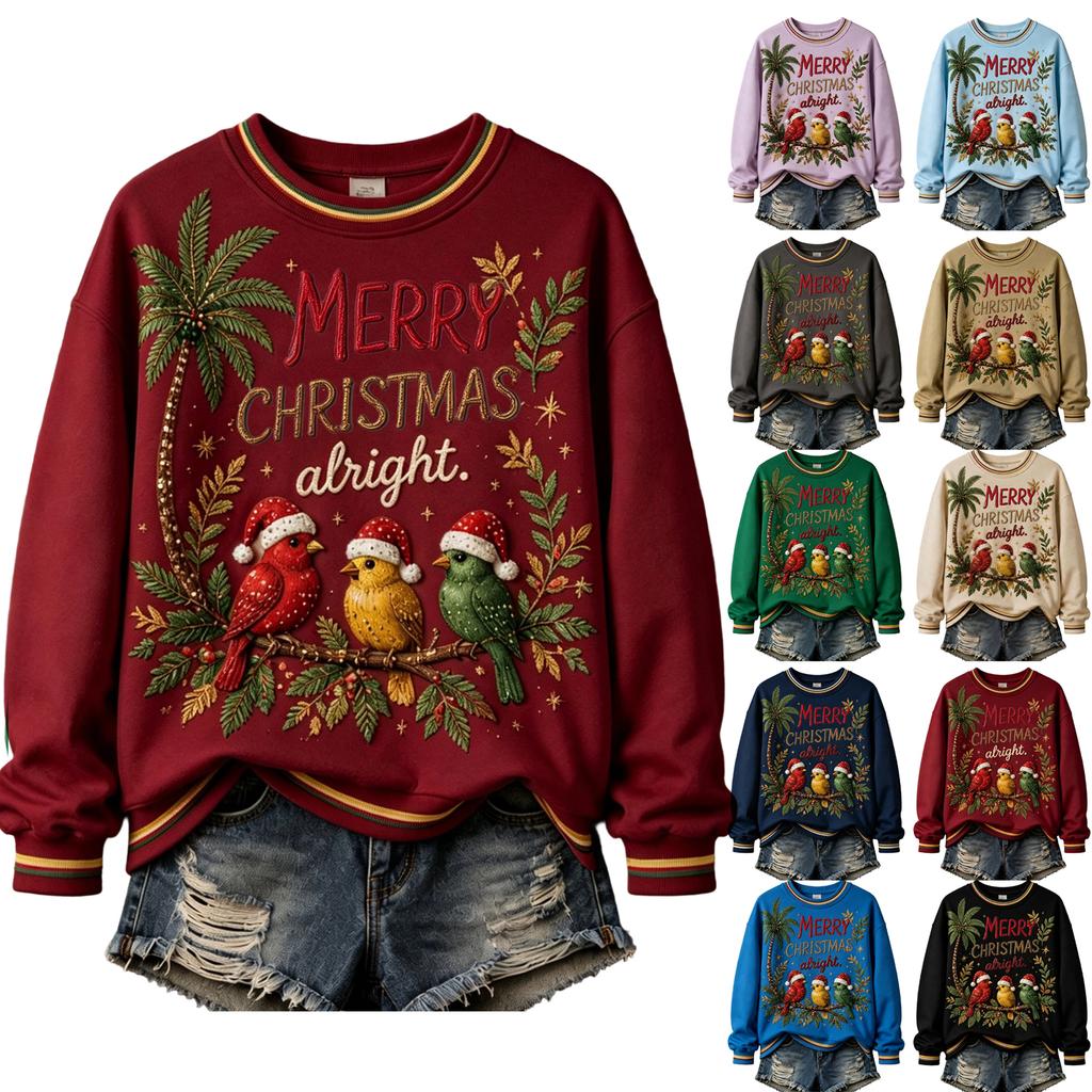 Damen Weihnachtsdruck Pullover mit langem Ärmel und Rundhalsausschnitt